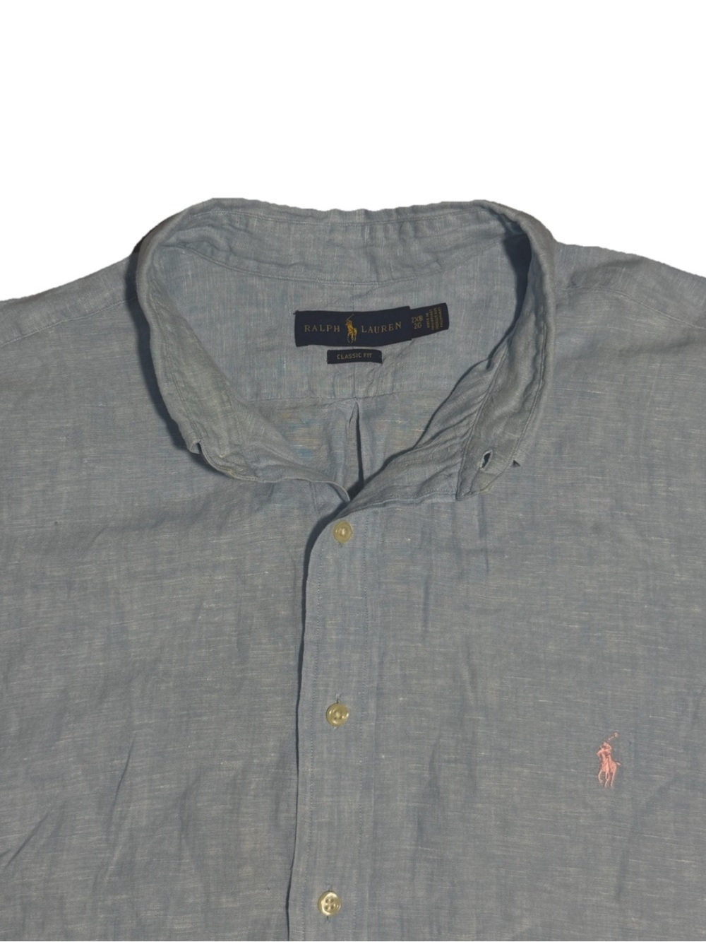 Polo Ralph Lauren Mens 2XB Light Blue Linen Button Down Shirt Short Sleeve Pony